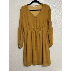 Bailey's Blossoms Mustard Yellow Swiss Dot Long Sleeve V-neck‎ Dress Lined L